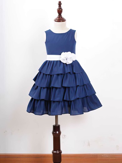 Tiered Scoop Neck Chiffon with Sashes / Ribbons Ankle-length Royal Blue Flower Girl Dress #01031836