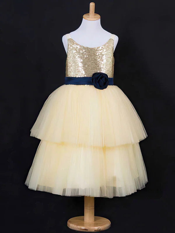 Light Yellow Floor-length Tulle Sequined Sashes / Ribbons Scoop Neck Flower Girl Dress #01031837