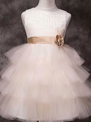 New Style Ball Gown Tulle Elastic Woven Satin Sequins Knee-length Flower Girl Dress #01031840