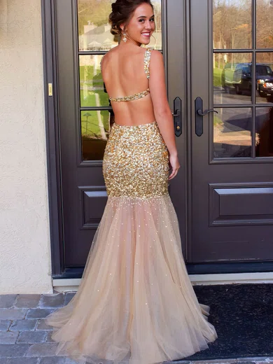 Gold Tulle Scoop Mermaid Evening Dress With Beadings Gold Tulle Scoop Mermaid Evening Dress With Beadings