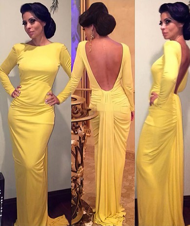 Designer Open Back Scoop Neck Yellow Silk-like Satin Long Sleeve Prom Dress #02018681