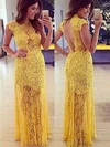 Sheath/Column High Neck Yellow Lace Cap Straps Backless Prom Dresses #02018683