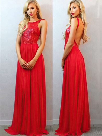 Scoop Neck Red Chiffon Sequined Ruffles Open Back New Style Prom Dress #02018684