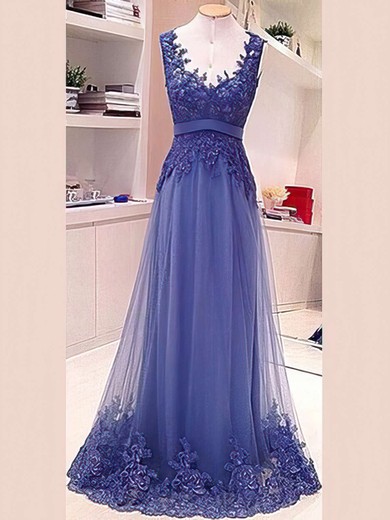 Popular Lace Tulle V-neck Sashes / Ribbons Open Back Prom Dress #02018702