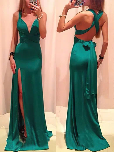 Sheath/Column V-neck Floor-length Satin Prom Dresses With Split #02018713
