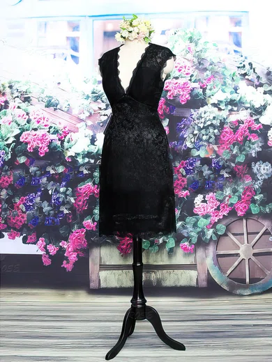 V-neck Sheath/Column Open Back Black Lace Cap Straps Knee-length Mother of the Bride Dress #01021573