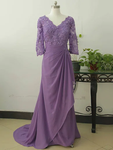 1/2 Sleeve V-neck Chiffon Appliques Lace Sweep Train Beautiful Mother of the Bride Dress #01021578
