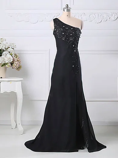 Fashion Black Chiffon Tulle Appliques Lace Split Front One Shoulder Mother of the Bride Dress millybridal