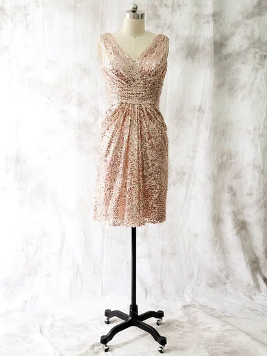 Short/Mini V-neck Sequined Ruffles Vintage Champagne Mother of the Bride Dresses #01021582