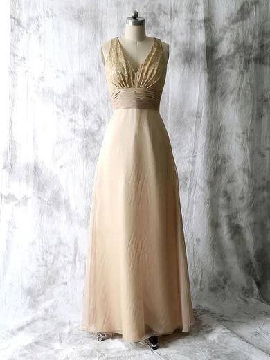 Inexpensive Champagne V neck Chiffon Lace Floor length Mother of the Bride Dress millybridal