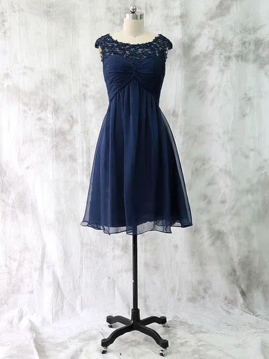 Empire Chiffon Tulle Appliques Lace Cheap Dark Navy Knee-length Mother of the Bride Dress #01021590