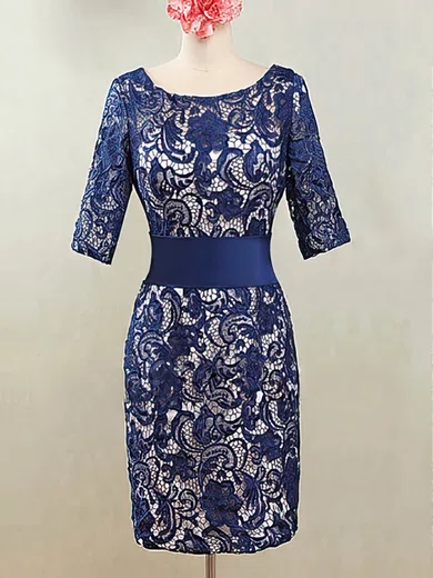 Royal Blue Sheath/Column Scoop Neck Lace Knee-length 1/2 Sleeve Mother of the Bride Dresses #01021595