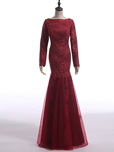 Fabulous Trumpet/Mermaid Burgundy Scoop Neck Lace Tulle Long Sleeve Mother of the Bride Dresses #01021603
