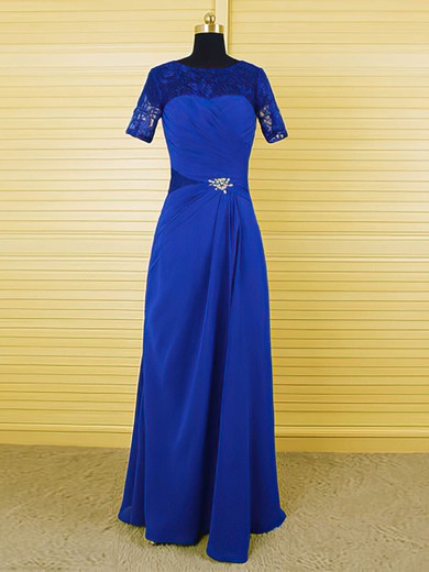 Royal Blue A-line Chiffon Lace Scoop Neck New Short Sleeve Mother of the Bride Dresses #01021610
