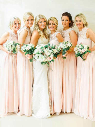 Pearl Pink Chiffon Lace Sweep Train Scoop Neck Fashion Bridesmaid Dresses #01012467