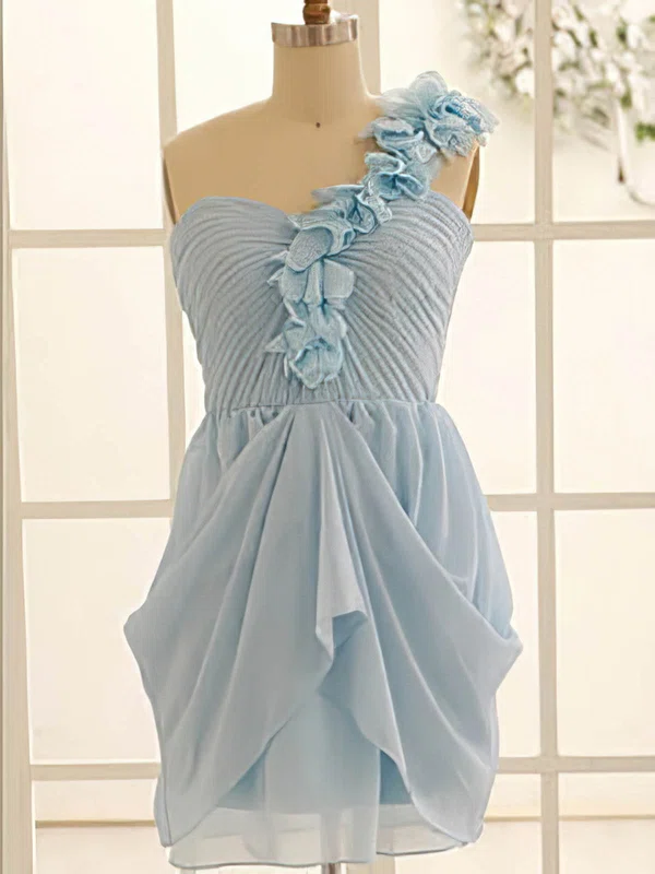 New Arrival Short/Mini Light Sky Blue Chiffon Flower(s) One Shoulder Bridesmaid Dress #01012471
