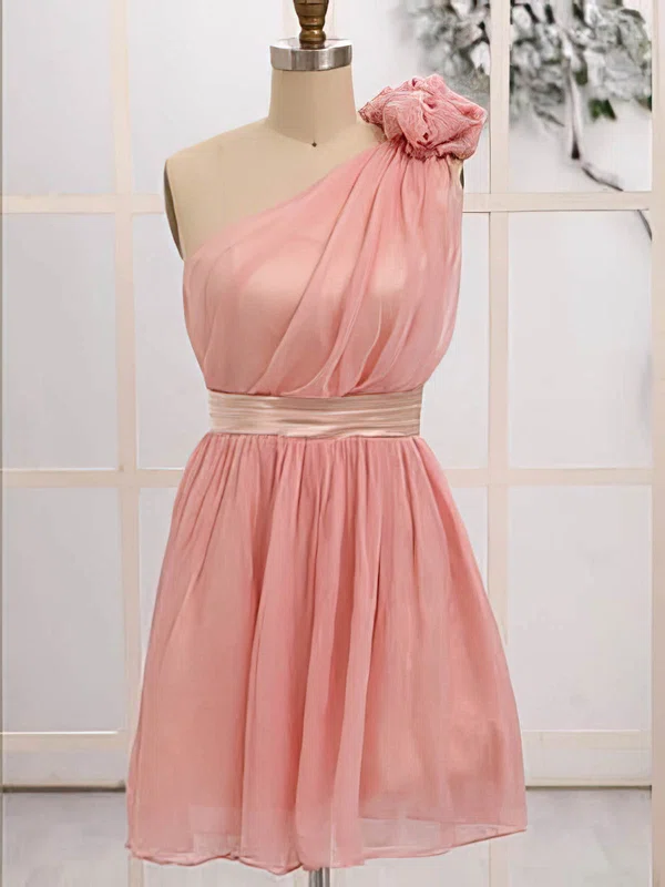 Chiffon with Flower(s) New Style One Shoulder Short/Mini Bridesmaid Dresses #01012472