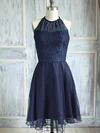 Scoop Neck Knee-length Dark Navy Chiffon Lace Fashion Bridesmaid Dress #01012474