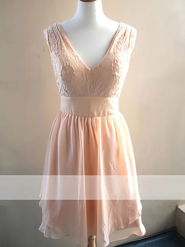 Designer V-neck Pearl Pink Chiffon Lace Knee-length Bridesmaid Dress #01012478