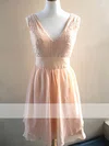 Designer V-neck Pearl Pink Chiffon Lace Knee-length Bridesmaid Dress #01012478