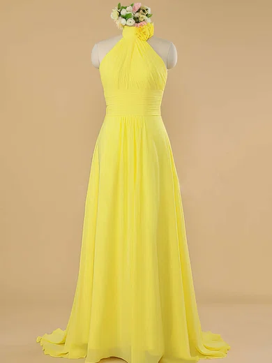 Best Yellow Chiffon with Ruffles Sweep Train Halter Bridesmaid Dress #01012482