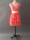Vintage V-neck Watermelon Tiered Chiffon Short/Mini Bridesmaid Dresses #01012495