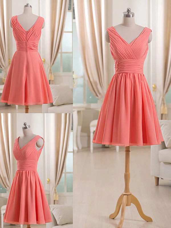 V-neck Watermelon Chiffon Ruffles Short/Mini Wholesale Bridesmaid Dress #01012511