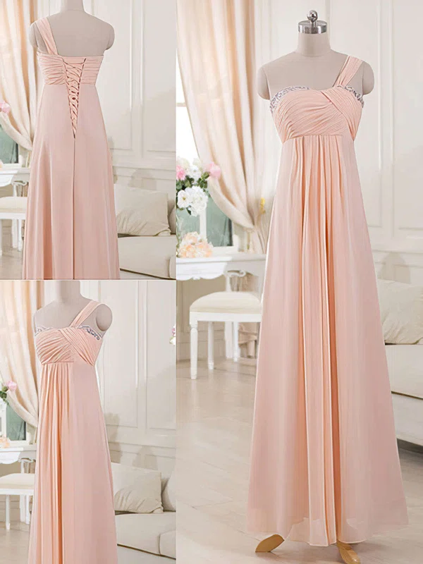 Pink Chiffon with Beading Lace-up Popular One Shoulder Empire Bridesmaid Dresses #01012515
