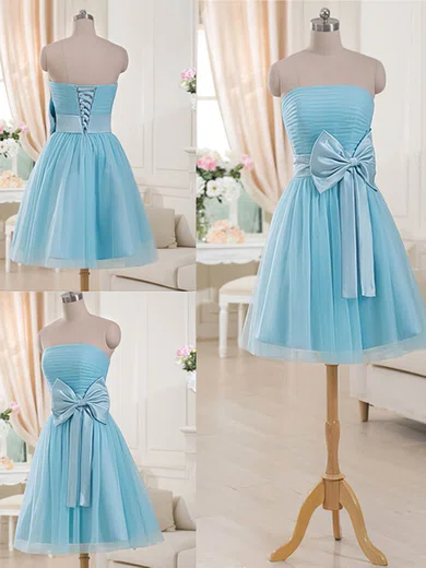 Gorgeous Strapless Blue Tulle Bow Lace-up Short/Mini Bridesmaid Dresses #01012516
