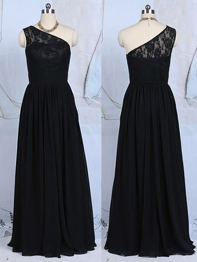 One Shoulder A-line Black Lace Chiffon Discount Bridesmaid Dresses #01012520