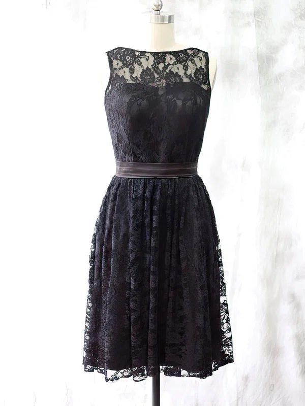 Scoop Neck Black Lace with Sashes/Ribbons Knee-length Modest Bridesmaid Dress #01012527