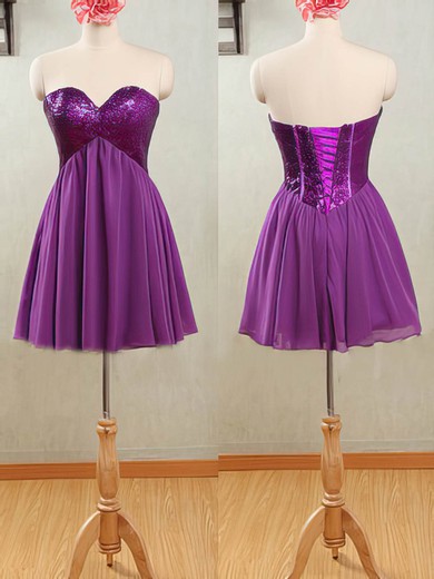 Beautiful Empire Lace-up Purple Chiffon and Sequined Short/Mini Bridesmaid Dresses #01012532