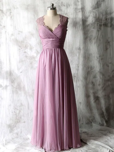 A-line Chiffon and Lace Open Back V-neck Inexpensive Bridesmaid Dresses #01012534
