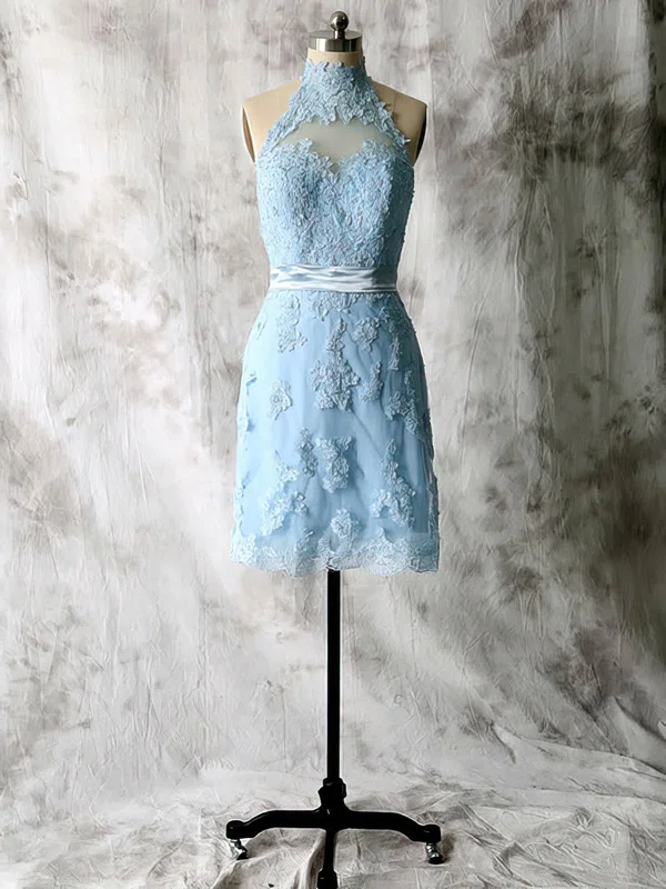 High Neck Blue Lace Tulle with Appliques Short/Mini Pretty Bridesmaid Dresses #01012538