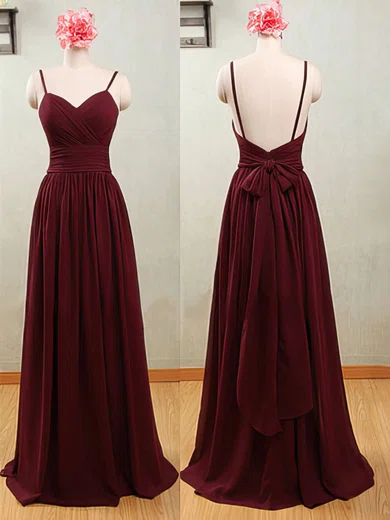 Discount Spaghetti Straps Claret Chiffon Sweetheart Open Back Bridesmaid Dresses #01012539