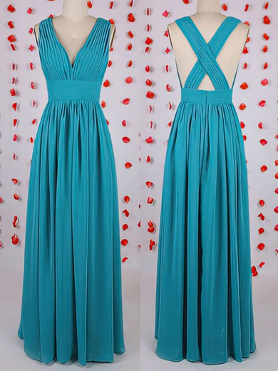 Modern Blue Chiffon Pleats Floor-length V-neck Bridesmaid Dress #01012549