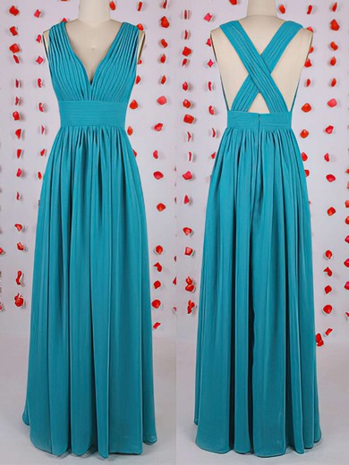 Modern Blue Chiffon Pleats Floor-length V-neck Bridesmaid Dress #01012549