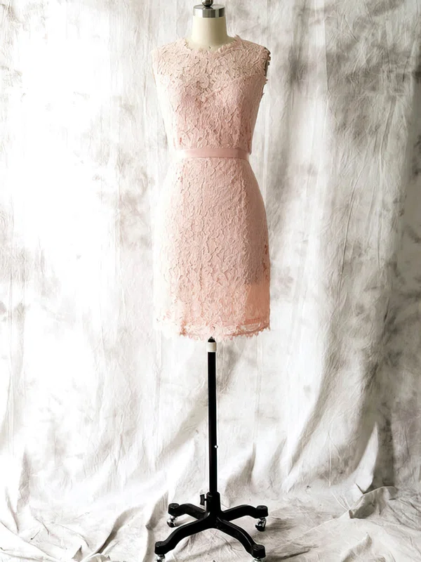 Knee-length Beautiful Pink Lace With Sashes/Ribbons Sheath/Column Bridesmaid Dress #01012562
