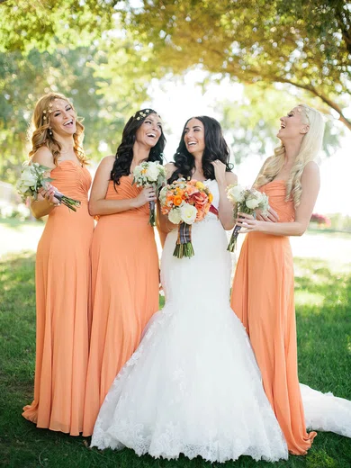 Sheath Column Graceful Sweetheart Chiffon Ruffles Orange Bridesmaid Dresses millybridal