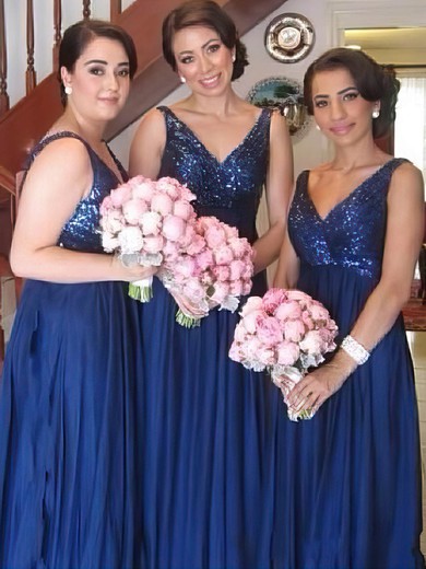 Royal Blue Chiffon Sequined Fashion Straps Empire V-neck Bridesmaid Dresses #01012579
