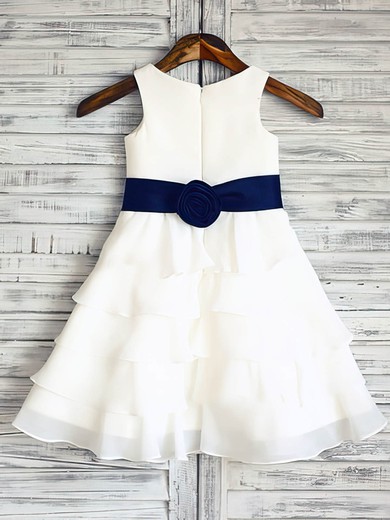 Ivory Tiered Ankle-length Chiffon Elastic Woven Satin with Sashes / Ribbons Scoop Neck Flower Girl Dress #01031848