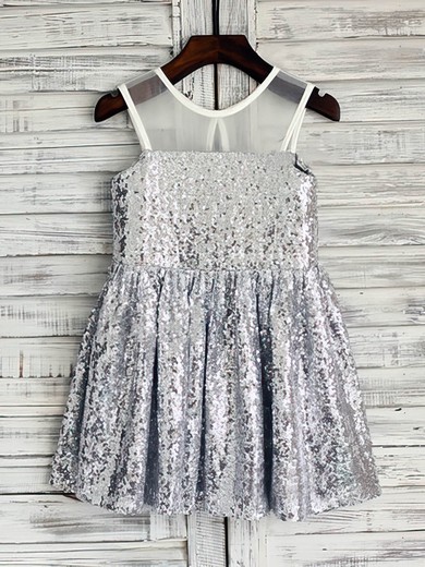 Sparkly A-line Silver Sequined with Ruffles Scoop Neck Flower Girl Dresses #01031850