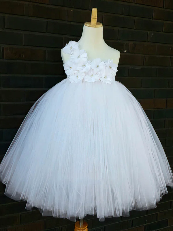 Pretty Ankle-length White Tulle with Flower(s) One Shoulder Flower Girl Dresses #01031854