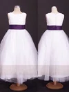 Pretty Ankle-length Scoop Neck Tulle Elastic Woven Satin with Sashes / Ribbons White Flower Girl Dress #01031857
