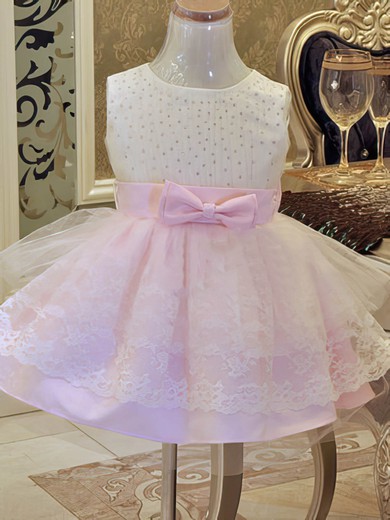 Ball Gown Satin Tulle Lace Bow and Beading Scoop Neck Gorgeous Flower Girl Dress #01031859