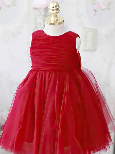Ball Gown Scoop Neck Bow Red Tulle Elastic Woven Satin Flower Girl Dresses #01031864