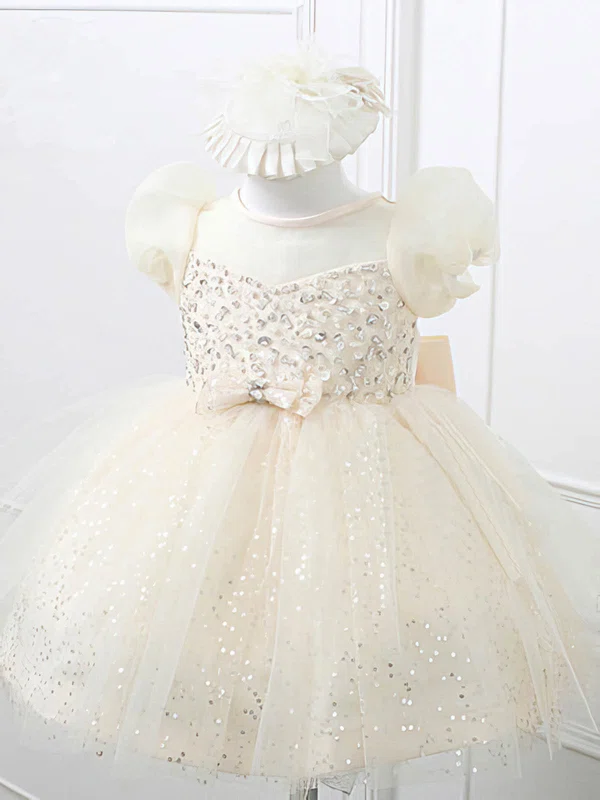 Cute Scoop Neck Beading Ivory Satin Tulle Ball Gown Flower Girl Dresses #01031866