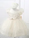 Cute Scoop Neck Beading Ivory Satin Tulle Ball Gown Flower Girl Dresses #01031866