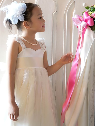 Square Neckline Ivory Tulle with Sashes/Ribbons Ankle-length Flower Girl Dress #01031867