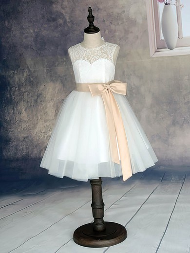 Scoop Neck Ankle-length Sashes/Ribbons White Lace Tulle Flower Girl Dress #01031870